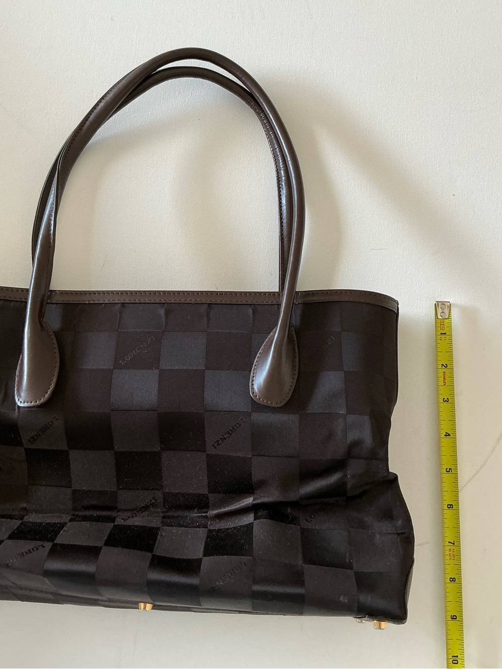 Lorenzi Brown Checkered Nylon Tote Bag Leather Trim Top Handle Classic - Picture 10 of 11